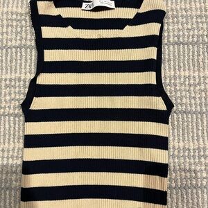 Zara Black and Cream Striped Knit Top